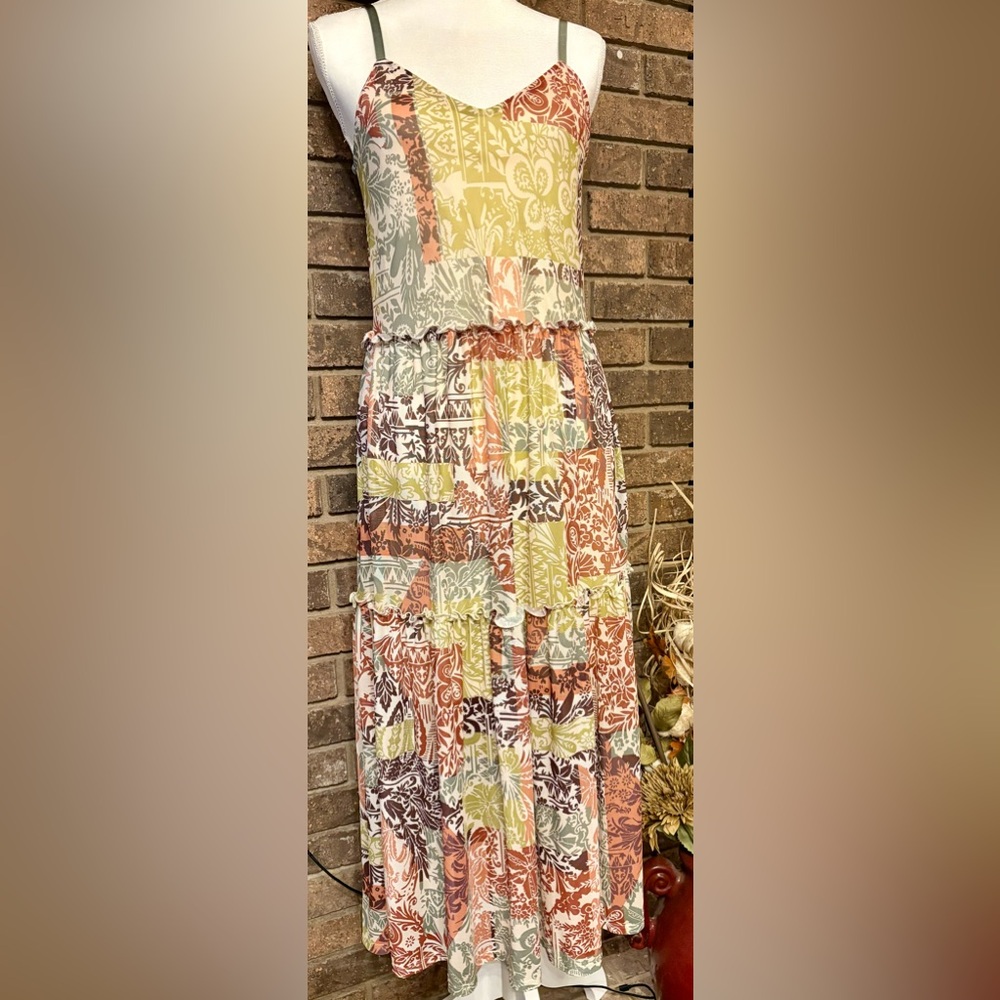 Tribal Patchwork Tiered Maxi Dress — Rust, Sage, Cream, Dusty Blue